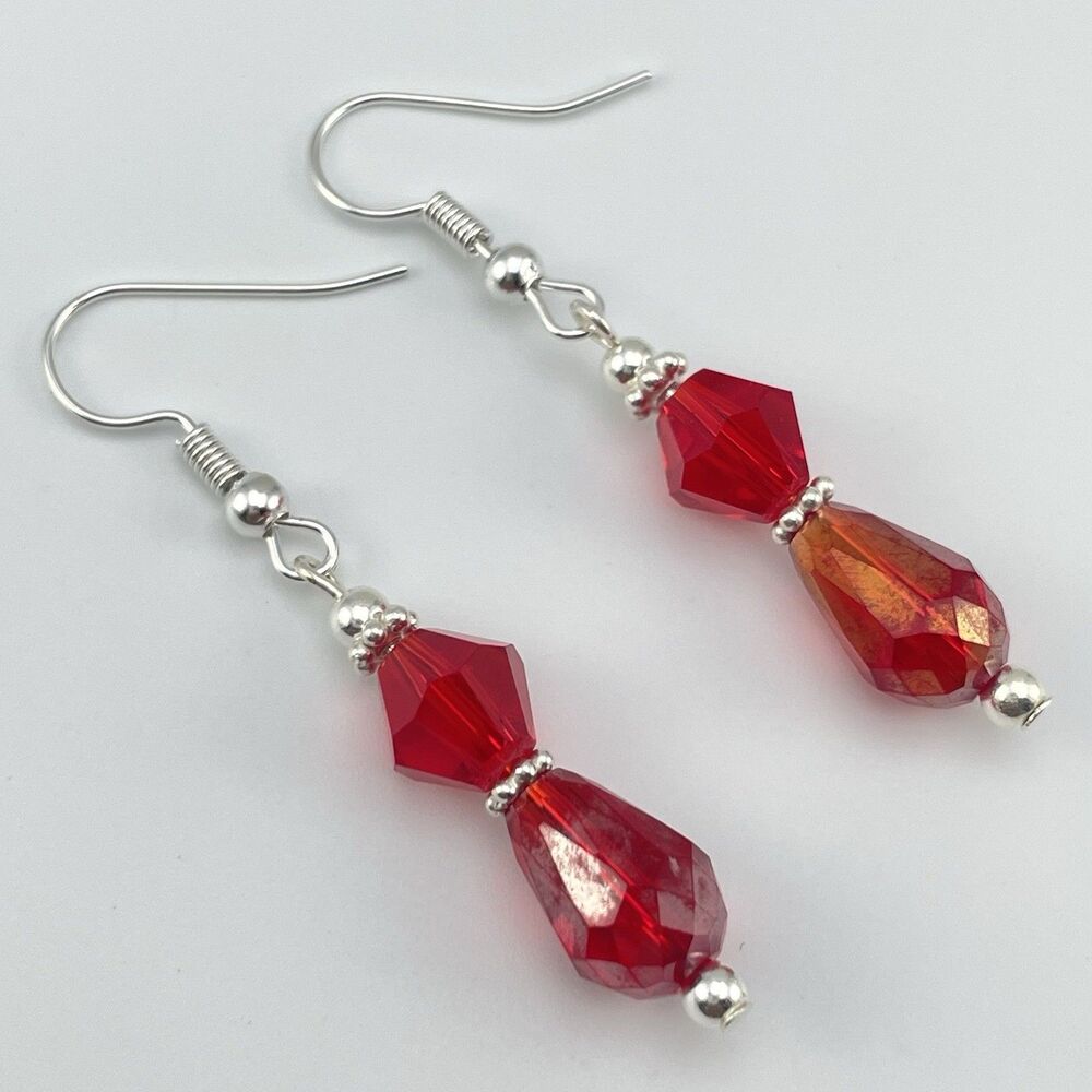 Stunning Red AB Glass Teardrop Beaded Dangle Earrings Silver Tone Cute Classic